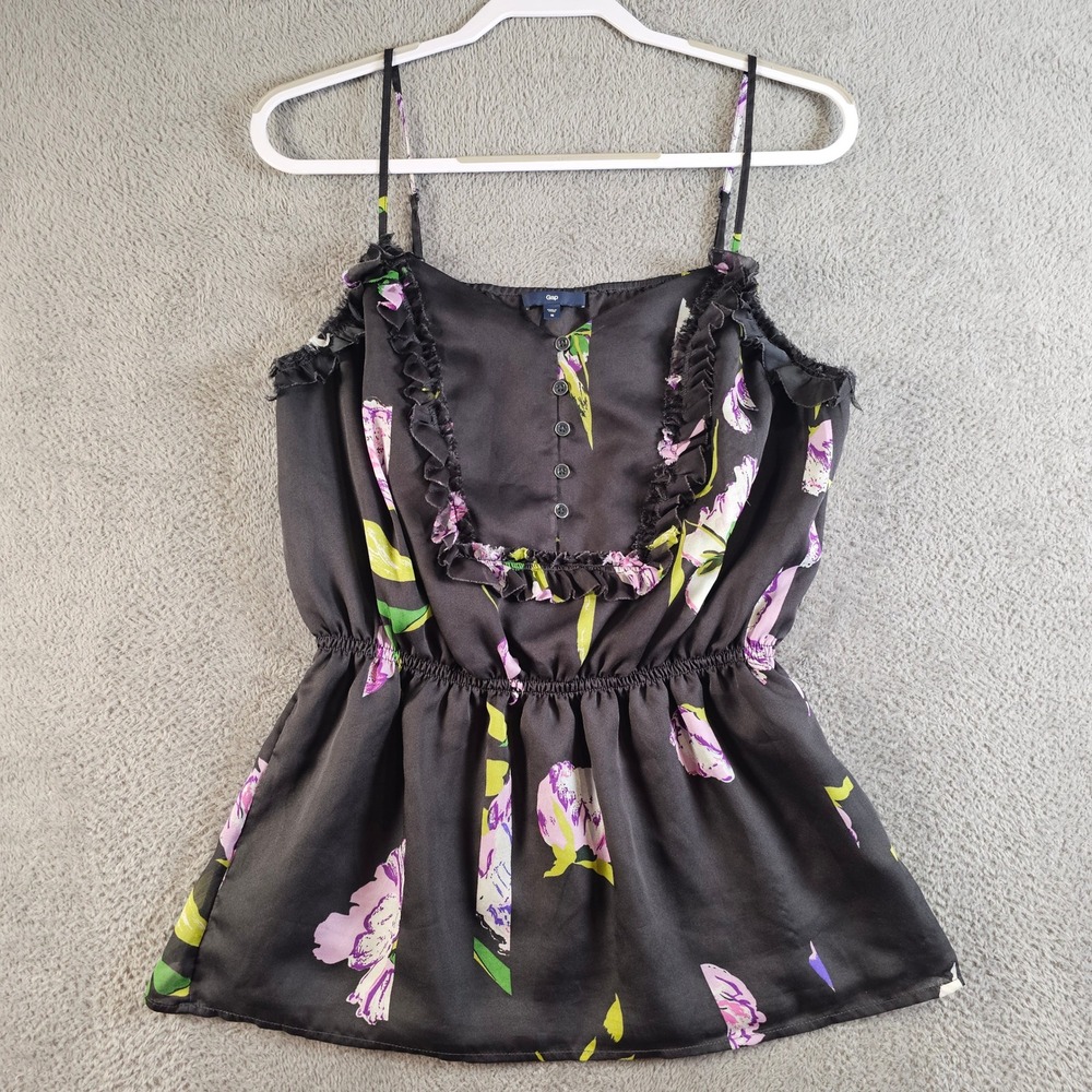 Gap Womens Black‎ Floral Blouse Peplum Cami Top Ruffle Bib Purple Green Size M